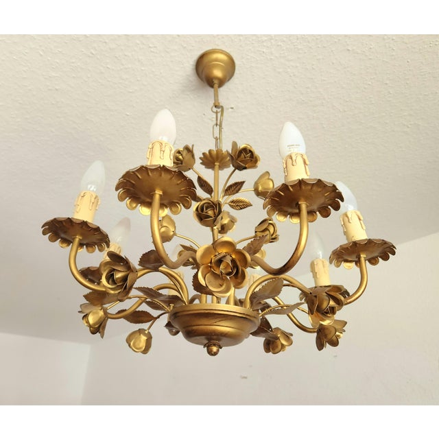 Hollywood Regency Eight-Light Floral Chandelier in Hand-Forged Dark Gilt Metal, Germany, 1960s For Sale - Image 6 of 18
