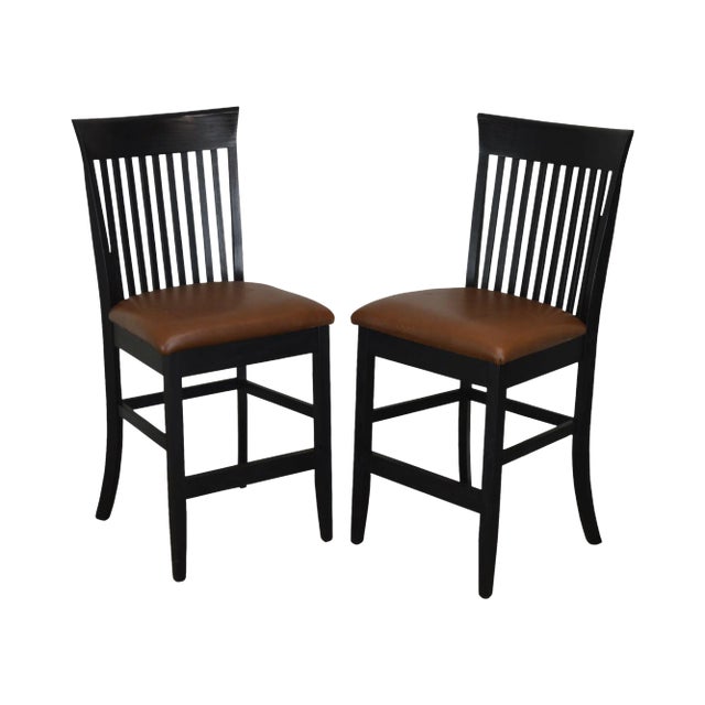 F & N Woodworking Black Bar Stools With Brown Leather Seats - a Pair For Sale