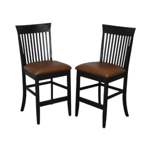 F & N Woodworking Black Bar Stools With Brown Leather Seats - a Pair