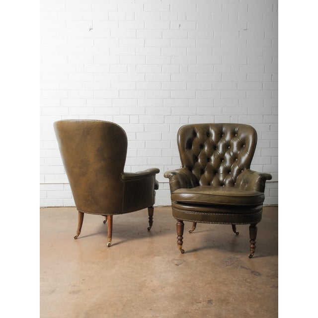 Pair of Vintage Tufted Leather Club Chairs With Brass Casters and Turned Legs For Sale In Dallas - Image 6 of 6