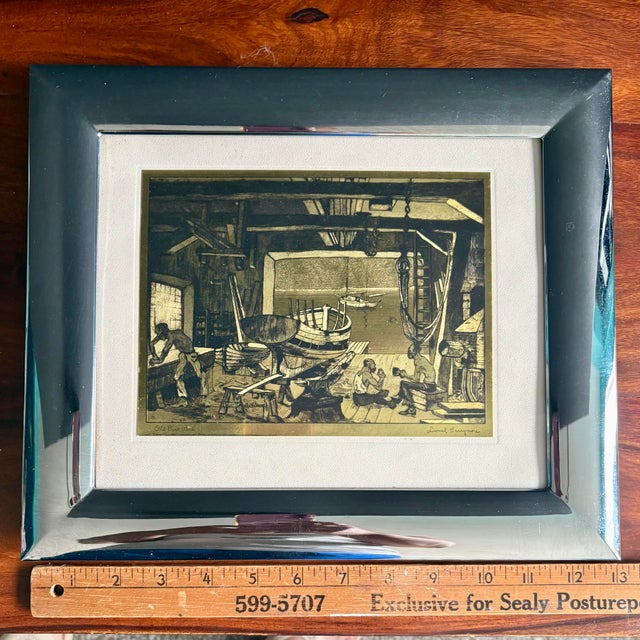 1960s Framed Lionel Barrymore “The Old Boat Works” Talio-Chrome Print in SIlver Frame, Mid-Century Nautical Art Reproduction For Sale - Image 10 of 11