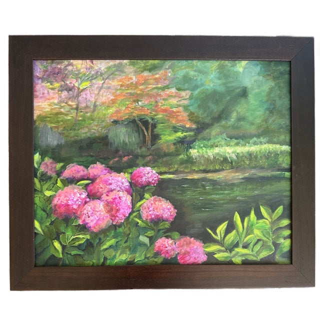 20th Century Hydrangea Landscape Oil Painting on Canvas Signed & Framed For Sale - Image 4 of 7