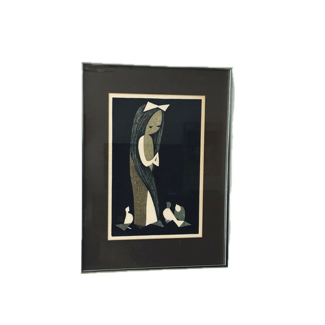 Mid Century Kaoru Kawano "Doves and Girl" Monochrome Woodblock Print - Pencil Cursive Signed For Sale - Image 9 of 13