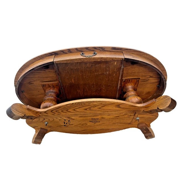 Oval Coffee Table Tiger Oak, Center Drawer, Shelf, Empire Style, Made by Heirloom Enterprises Inc. For Sale - Image 12 of 12