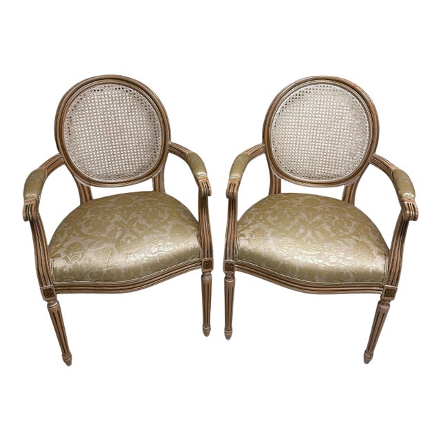 Pair of Louis XVI French Chairs With Partial Gilt Details and Custom Upholstery Gold Distressed Embossed Stamp Fabric For Sale