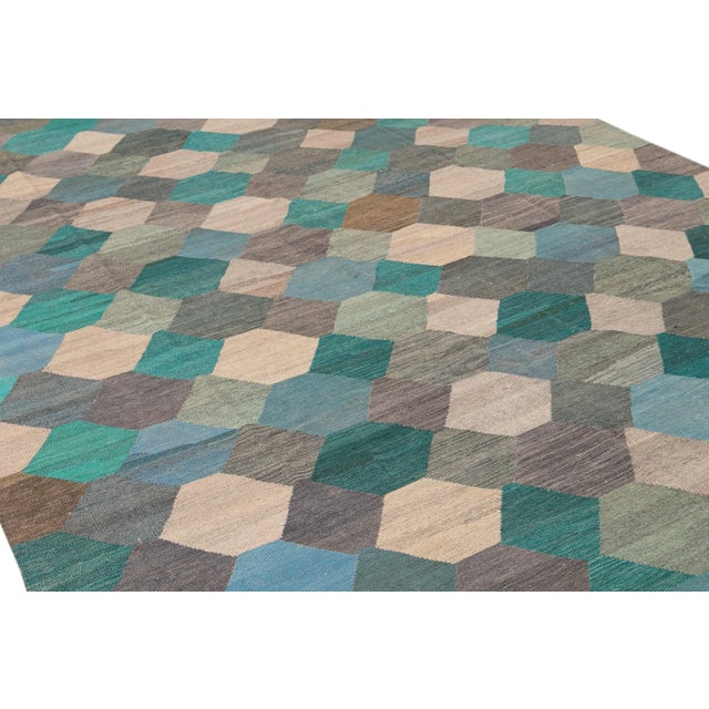 Textile Contemporary Multicolor Kilim Flatweave Geometric Wool Rug For Sale - Image 7 of 9