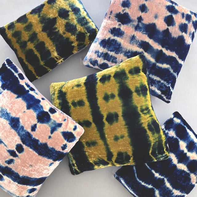 Textile Rousseau Hand Dyed Silk Velvet Pillow, Gold & Indigo Blue Pleat Abstract Pattern For Sale - Image 7 of 9