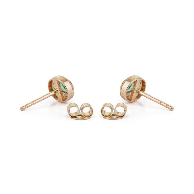 14k Gold Everyday Oval Natural Emerald Diamond Halo Stud Earrings- A Pair For Sale - Image 9 of 16