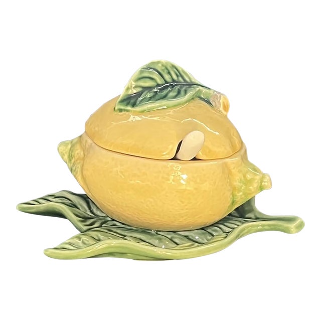 Vintage Bordallo Pinheiro Lemon Soup Tureen Attached Underplate & Spoon For Sale