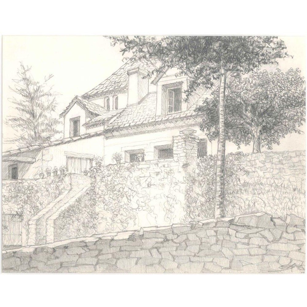 André Roland Brudieux, Les Eyzies (French Countryside), Pencil Drawing ...