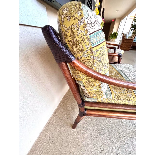 2 Professionally Refurbished McGuire Target Back Rattan Lounge Chairs With Ottoman. Upholstered in New Curated Green and Blue Vintage Fabric. For Sale - Image 11 of 12