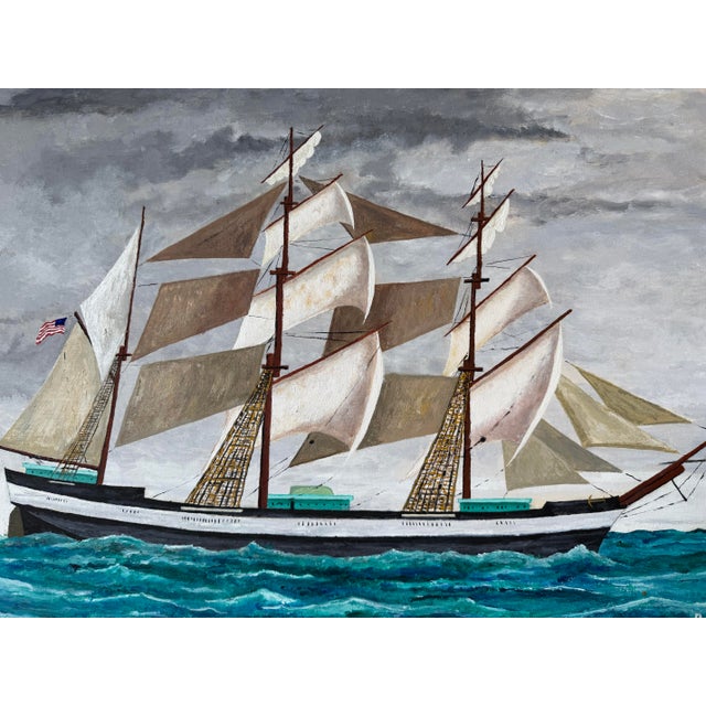 1970's R. Seaman American Tall Ship Ocean Landscape Oil on Board Painting, Framed For Sale - Image 10 of 12