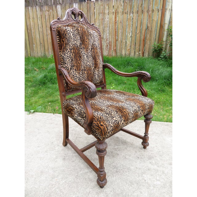 Wood Antique Carved Wood Spanish Revival Arm Throne Chair W/ Leopard Tiger Jungle Cat Velvet Upholstery For Sale - Image 7 of 17