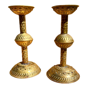 Large Pair of English Renaissance Repousse Brass Candlesticks.