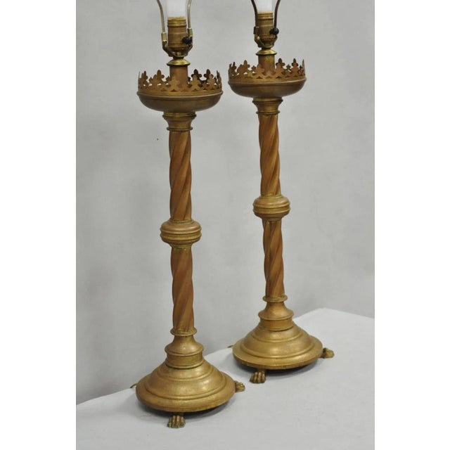 Antique English Renaissance Gothic Patinated Brass Candlestick Table Lamps Pair For Sale - Image 12 of 12