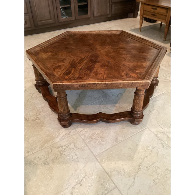 Wood 1970s Vintage Meiterranean Style Hexagonal Parquet Wood Coffee Table For Sale - Image 7 of 7