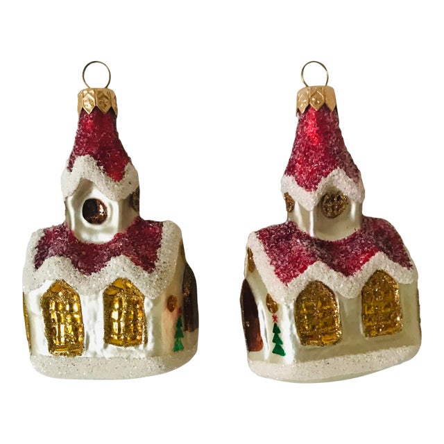 1990s Vintage Christmas European Glass Church Ornaments- Set of 2 For Sale