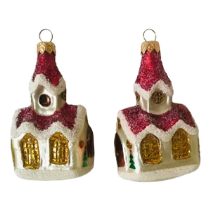 1990s Vintage Christmas European Glass Church Ornaments- Set of 2