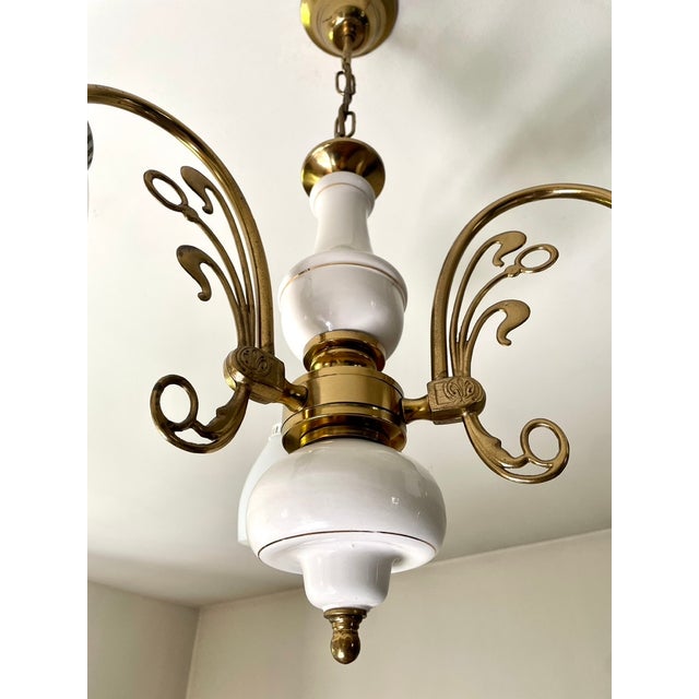 Art Nouveau Style Porcelain Chandelier with Gilded Brass, 1970s For Sale - Image 3 of 10