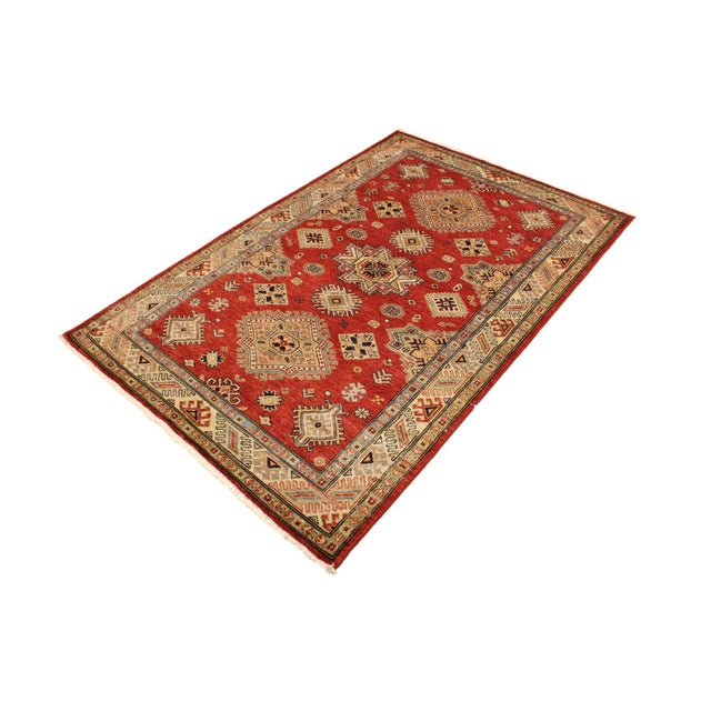 Shabby Chic Tribal Super Kazak Red/Tan Wool Rug - 4'1'' X 6'3'' For Sale - Image 3 of 10