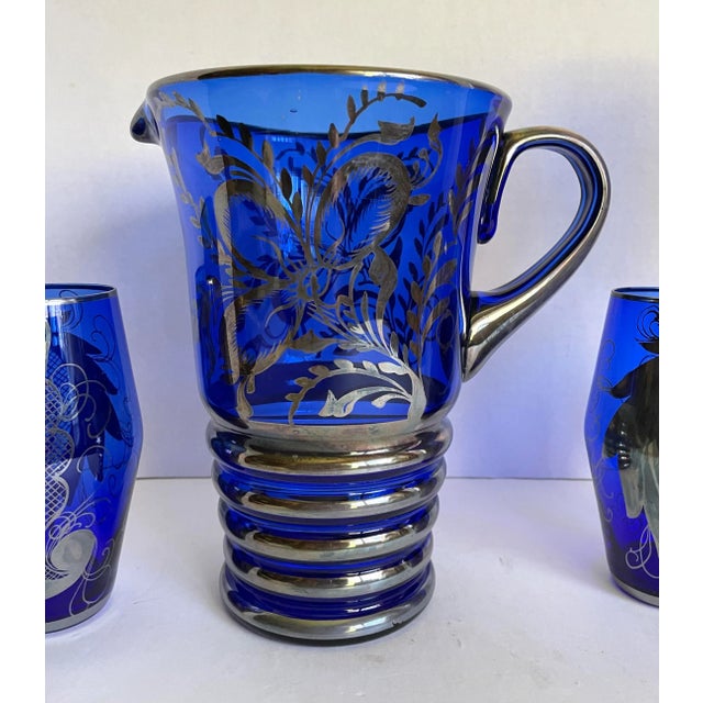 Mediterranean Cobalt Blue Italian Glass With Silver Overlay Pitcher and Glasses - Set of 6 For Sale - Image 3 of 12