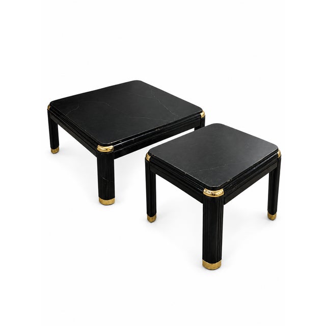 Black Vintage Postmodern Black Marble-Look Coffee and Side Tables With Brass Accents — Set of 2 For Sale - Image 8 of 12