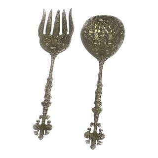 Vintage Mid-Century Italian Ornate Silver-Plated Salad Servers - Pair For Sale