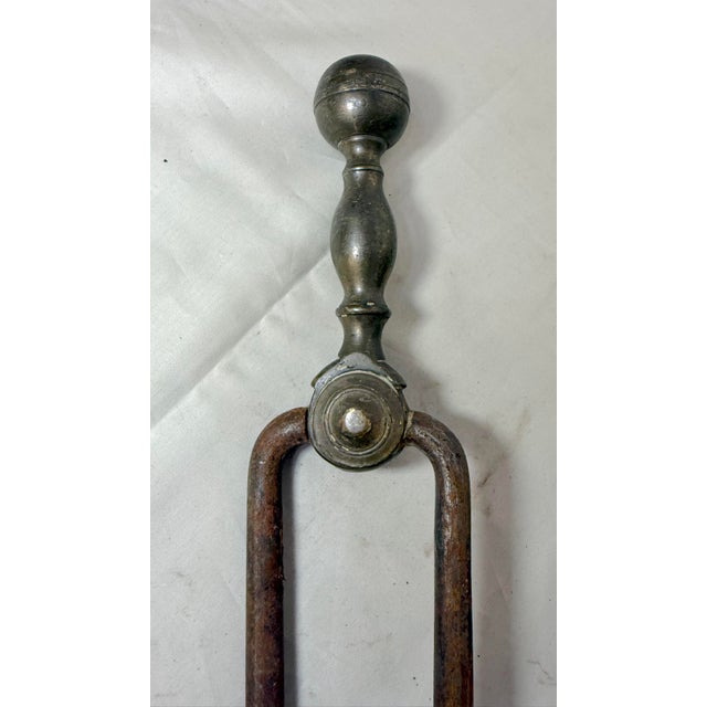 Metal Antique 18th Century Wrought Iron Turned Brass English Fireplace Tongs Tool 21 For Sale - Image 7 of 9
