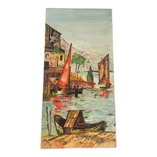 Vintage Original Painting Sailing Ships Harbor Nautical Port on Board For Sale