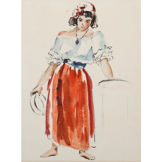 Looking down, the woman in this Eve Nethercott watercolor is shown wearing a reddish-orange skirt and a frilled baby blue...