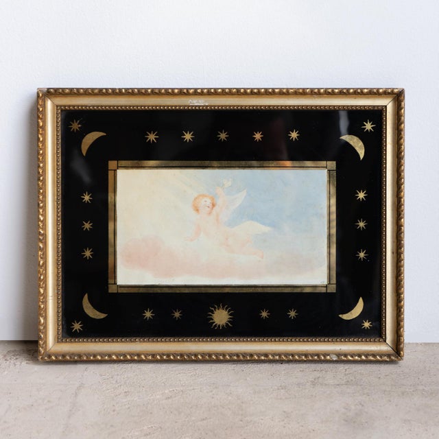 Glass Small Antique Cherub Watercolour in Moon and Star Verre Egolisme Frame, 19th Century For Sale - Image 7 of 8