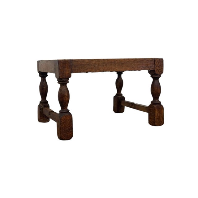 Vintage English Oak Footstool With Woven Cane Top and Turned Legs. For Sale In Seattle - Image 6 of 9