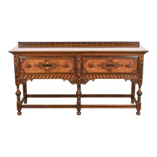 Antique Berkey & Gay English Jacobean Ornate Carved Walnut and Burl Wood Sideboard, Circa 1920s For Sale