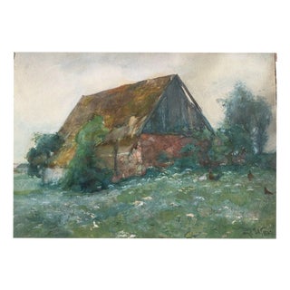 Ufer Johannes Paul, Elbier Dresden Village Building with Chickens, 1890s, Gouache For Sale