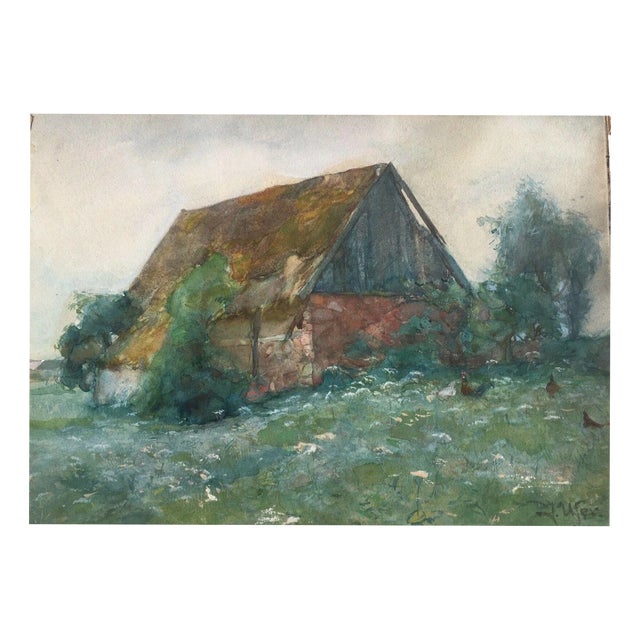 Ufer Johannes Paul, Elbier Dresden Village Building with Chickens, 1890s, Gouache For Sale
