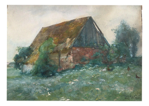 Ufer Johannes Paul, Elbier Dresden Village Building with Chickens, 1890s, Gouache