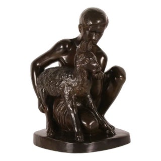 Figurine of Young Shepherd with Lamb in Disco Metal by Just Andersen, 1950s For Sale