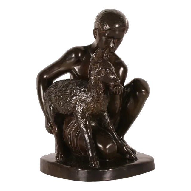 Figurine of Young Shepherd with Lamb in Disco Metal by Just Andersen, 1950s For Sale