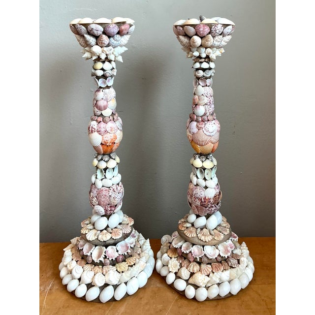 Vintage Shell Encrusted Candle Holders - Pair For Sale - Image 12 of 12