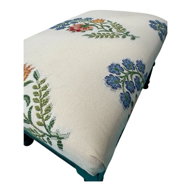 1920s English Mahogany Footstool Newly Upholstered Seat Turned Legs Stool For Sale - Image 12 of 14