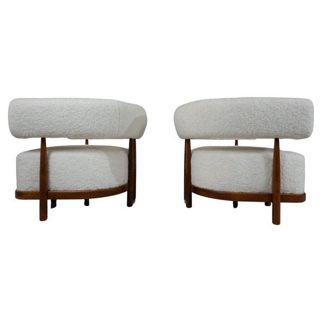 Contemporary Pair of Italian Armchairs, Wood and White Boucle Fabric