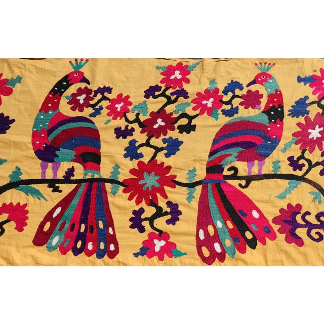 Antique Uzbekistan Suzani Runner With Colorful Peacock and Botanical Design For Sale - Image 12 of 14