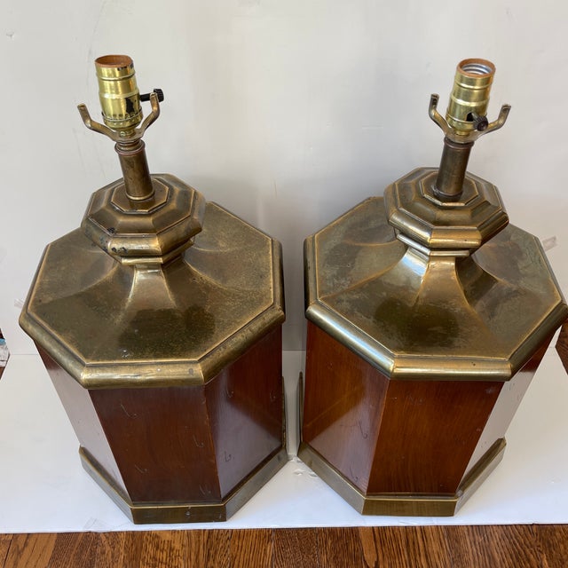 1960s Large Walnut and Brass Octagonal Shaped Lamps - a Pair For Sale In Washington DC - Image 6 of 13