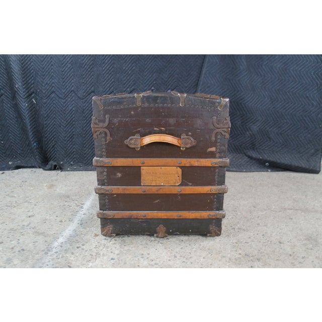 Coffee Antique Victorian Wood Banded Leather Nailhead Steamer Trunk Coffee Table For Sale - Image 8 of 16