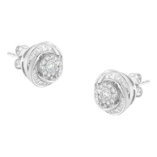 .925 Sterling Silver 3/4 Cttw Round and Baguette-Cut Diamond Love Knot Stud Earring (I-J Color, I2-I3 Clarity) For Sale