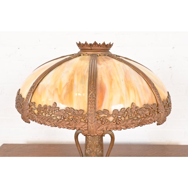 Bronze Antique Art Nouveau Slag Glass Table Lamp in the Manner of Handel, Circa 1920s For Sale - Image 8 of 12