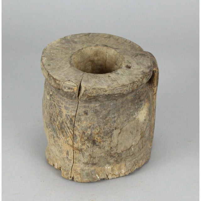 Rustic Antique Primitive Carved Wood Mortar With Handle For Sale - Image 3 of 9