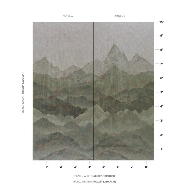 This large-scale two-panel scenic wallpaper creates a captivating and infinite mountainous landscape with a subtle...