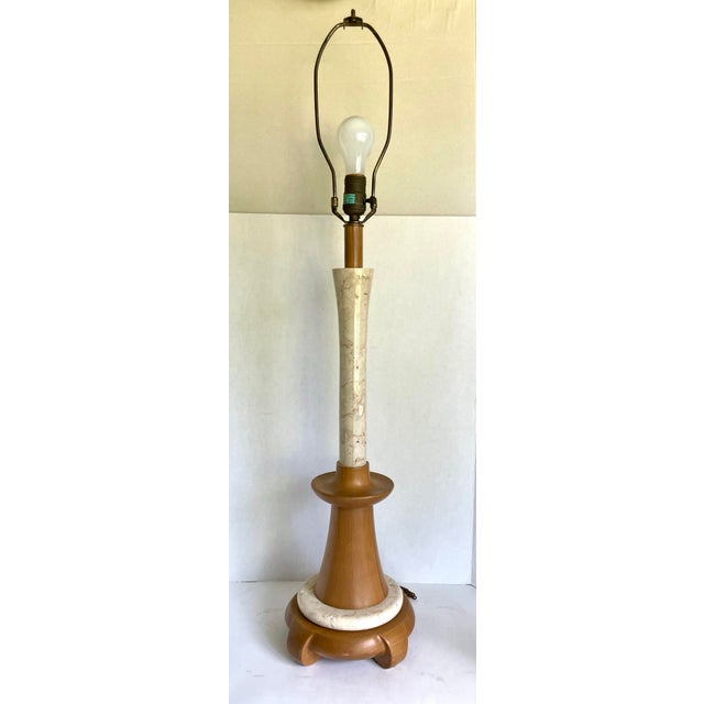 Mid-Century Modern Mid-Century Modern Wood and Travertine Stone Table Lamp For Sale - Image 3 of 12