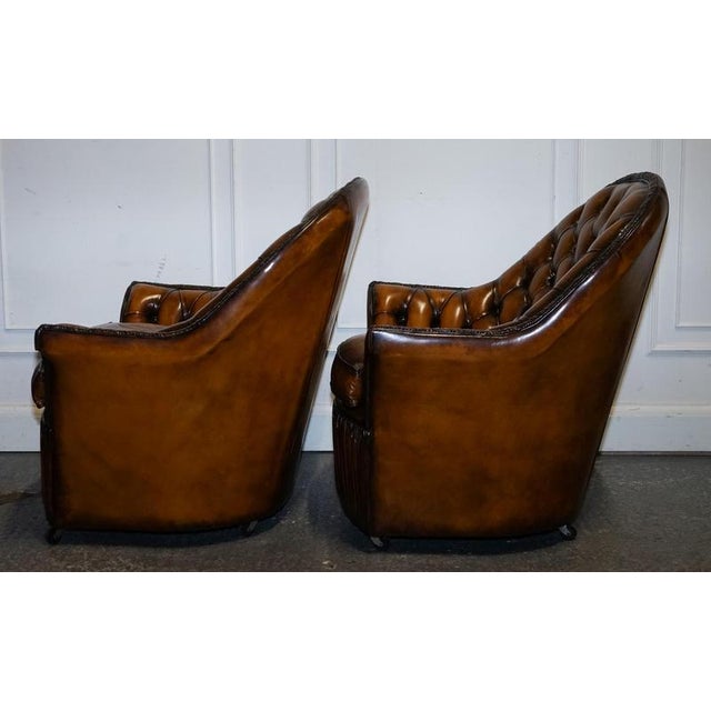 Brown Hand-Dyed Leather Chesterfield Armchairs with Pleated Front, Set of 2 For Sale - Image 4 of 14